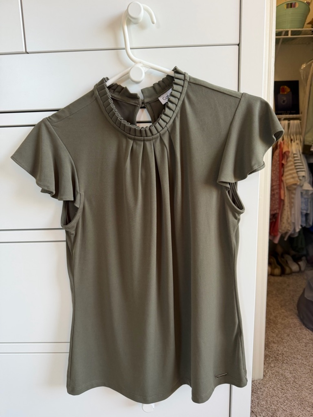 Calvin Klein Olive Ruffle Sleeve Mock Neck Blouse